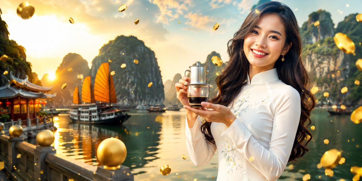 Cảnh vịnh Hạ Long Việt Nam với người dùng truy cập xổ số trên điện thoại